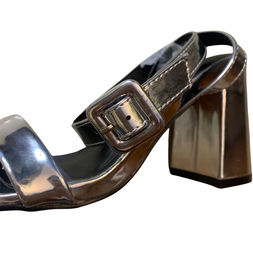PLT Silver Ankle Buckle Block Heel Sandals Size 6, 8 Faux Leather Metallics 90s - Picture 5 of 7
